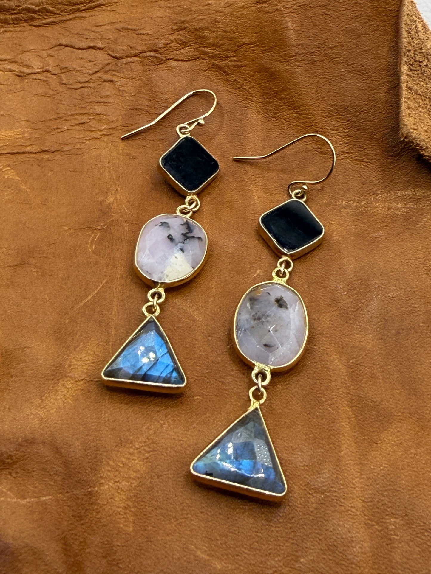 Gems and Geometry: Onyx Opal and Lab Stack Earrings