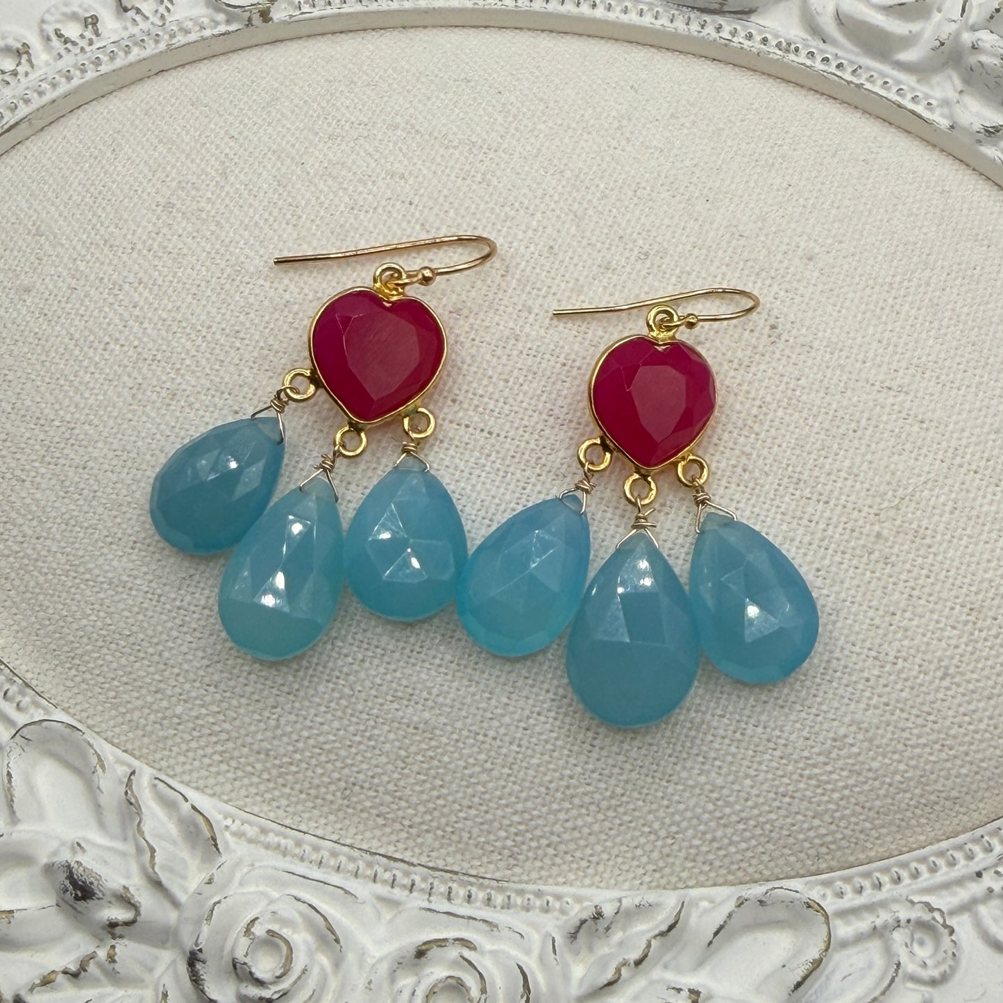 Gems Like Candy: Pink Hearts and Blue Tears Chandelier Earrings