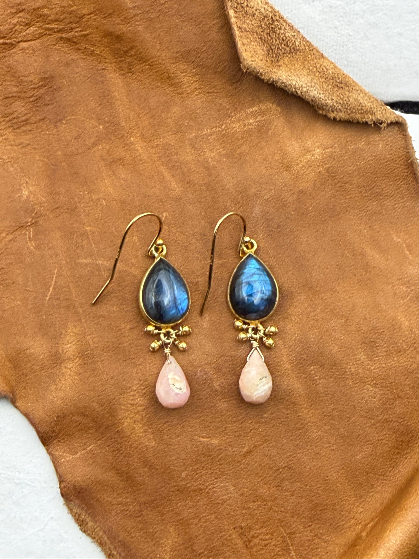 Luminous Allure: Cha-Cha Labradorite and Pink Opal Drop Earrings