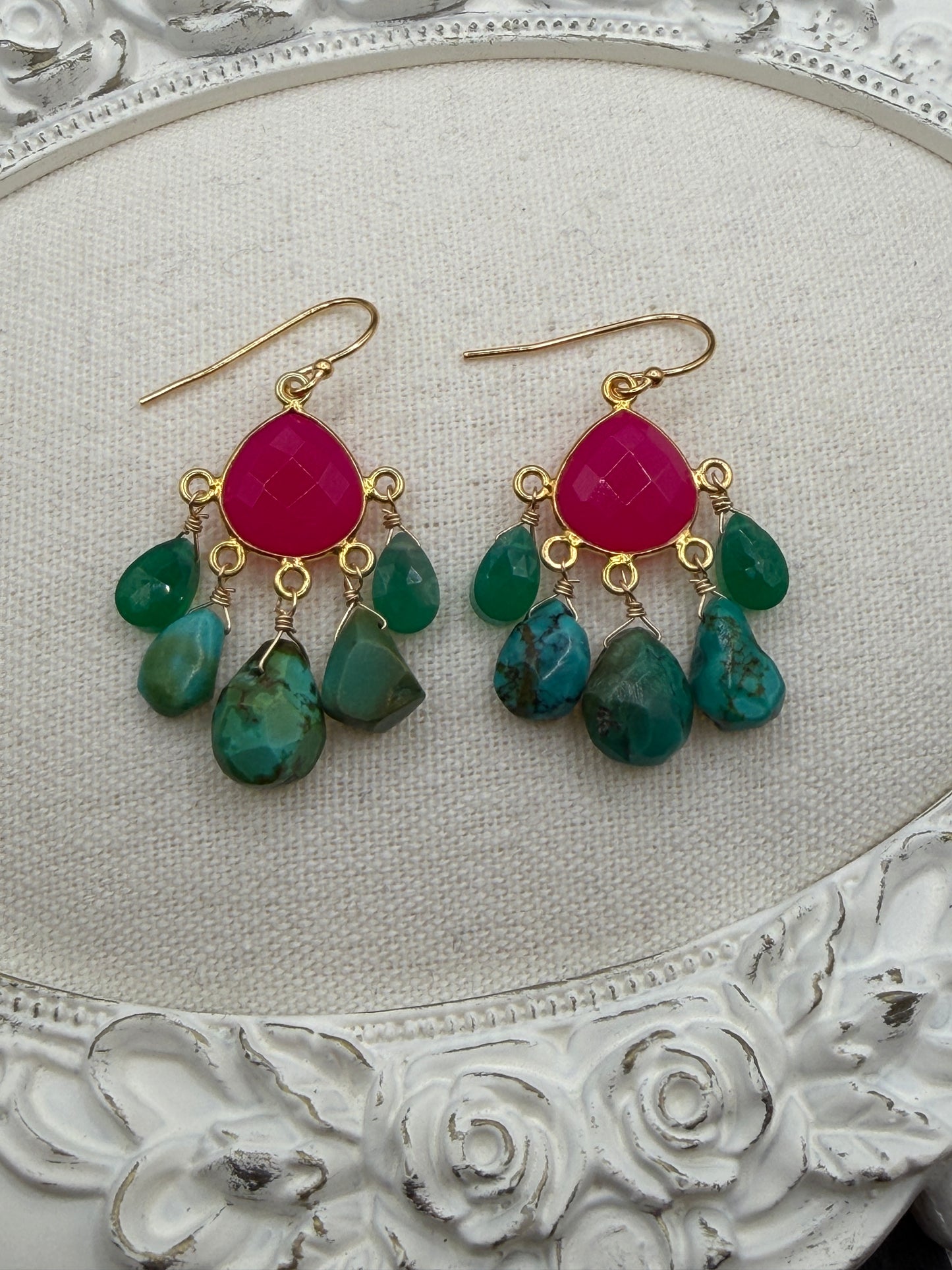 Gems Like Candy: Berry Pink and Turquoise Chandelier Earrings
