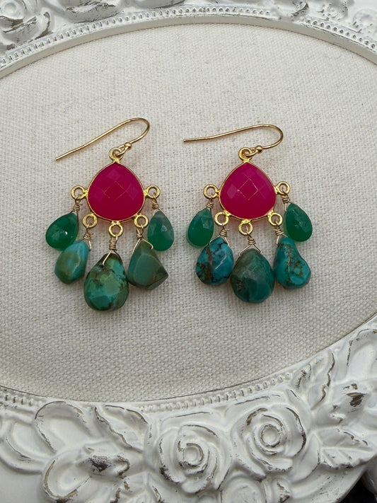 Gems Like Candy: Berry Pink and Turquoise Chandelier Earrings