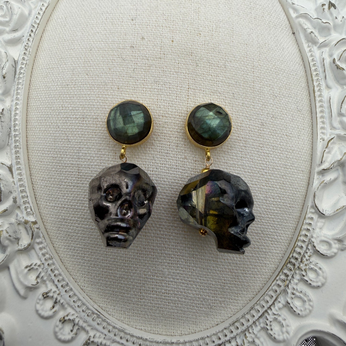 Ornamental Oddities: Crystal Skull and Labradorite Drop Earrings
