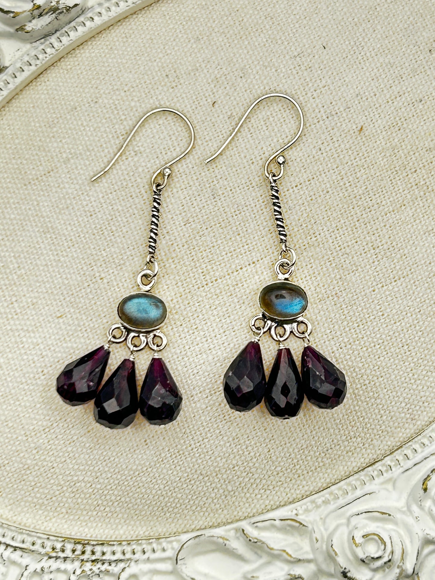 Luminous Allure: Silvery and Light Lab and Garnet Chandelier Earrings