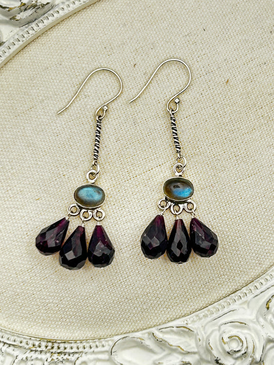 Luminous Allure: Silvery and Light Lab and Garnet Chandelier Earrings