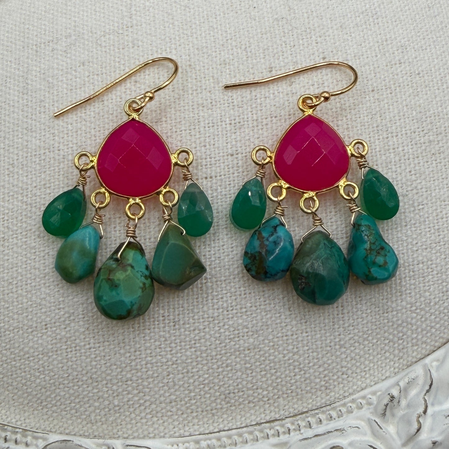 Gems Like Candy: Berry Pink and Turquoise Chandelier Earrings