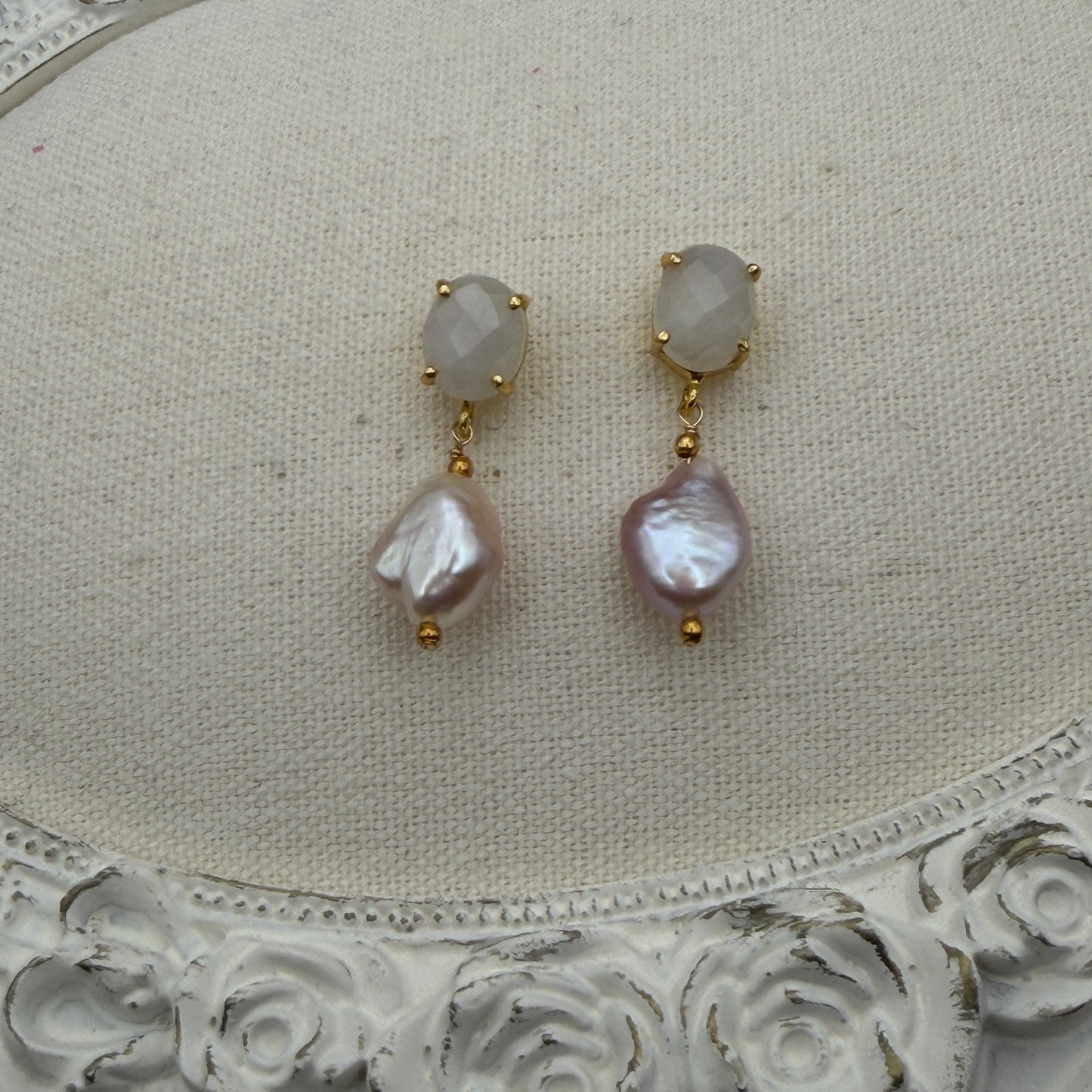 Luminous Allure: Lunar Romance Rainbow Moonstone and Pink Pear Earrings