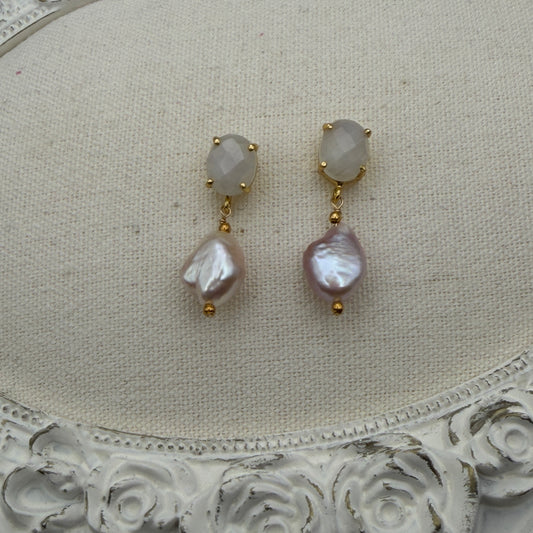 Luminous Allure: Lunar Romance Rainbow Moonstone and Pink Pear Earrings