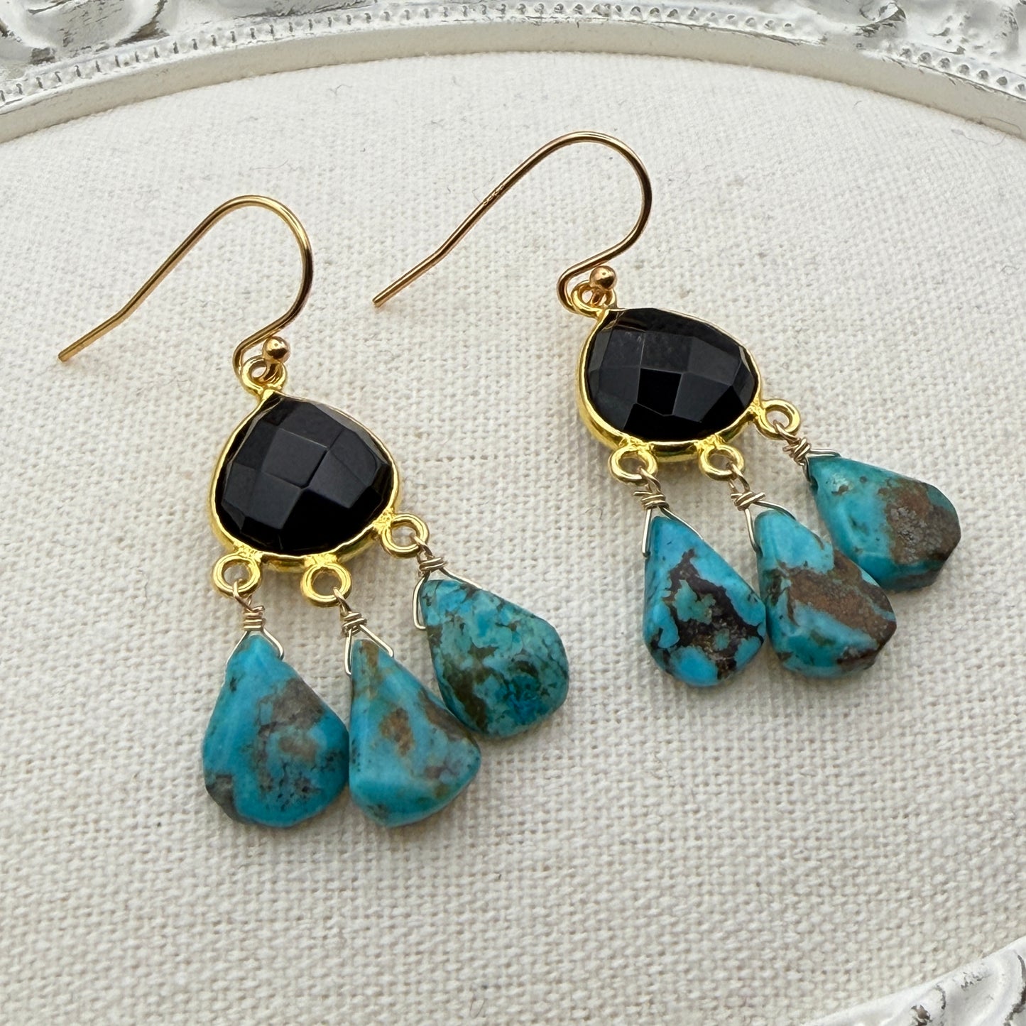 Luminous Allure: Black Onyx and Turquoise Chandelier Earrings
