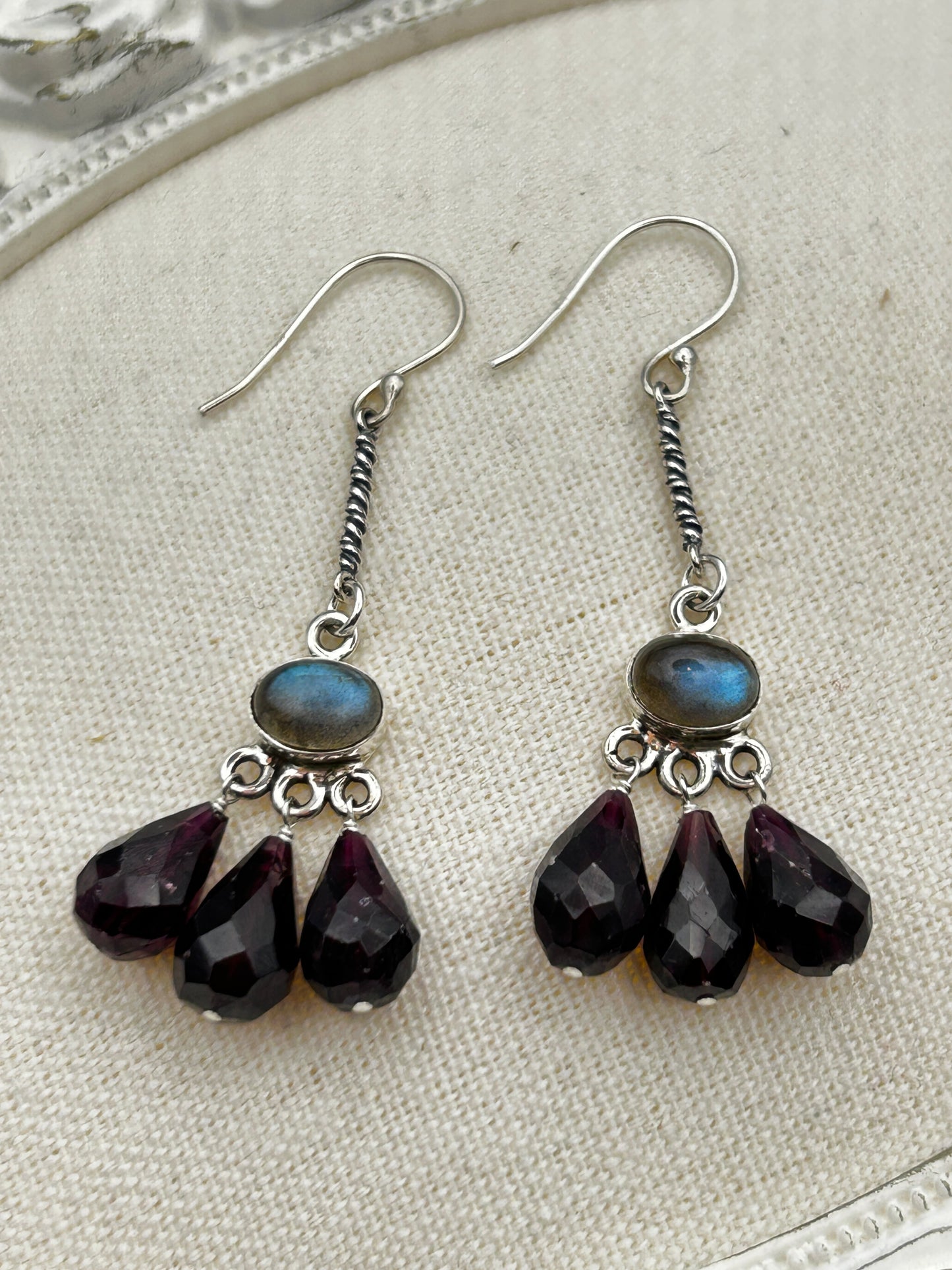 Luminous Allure: Silvery and Light Lab and Garnet Chandelier Earrings