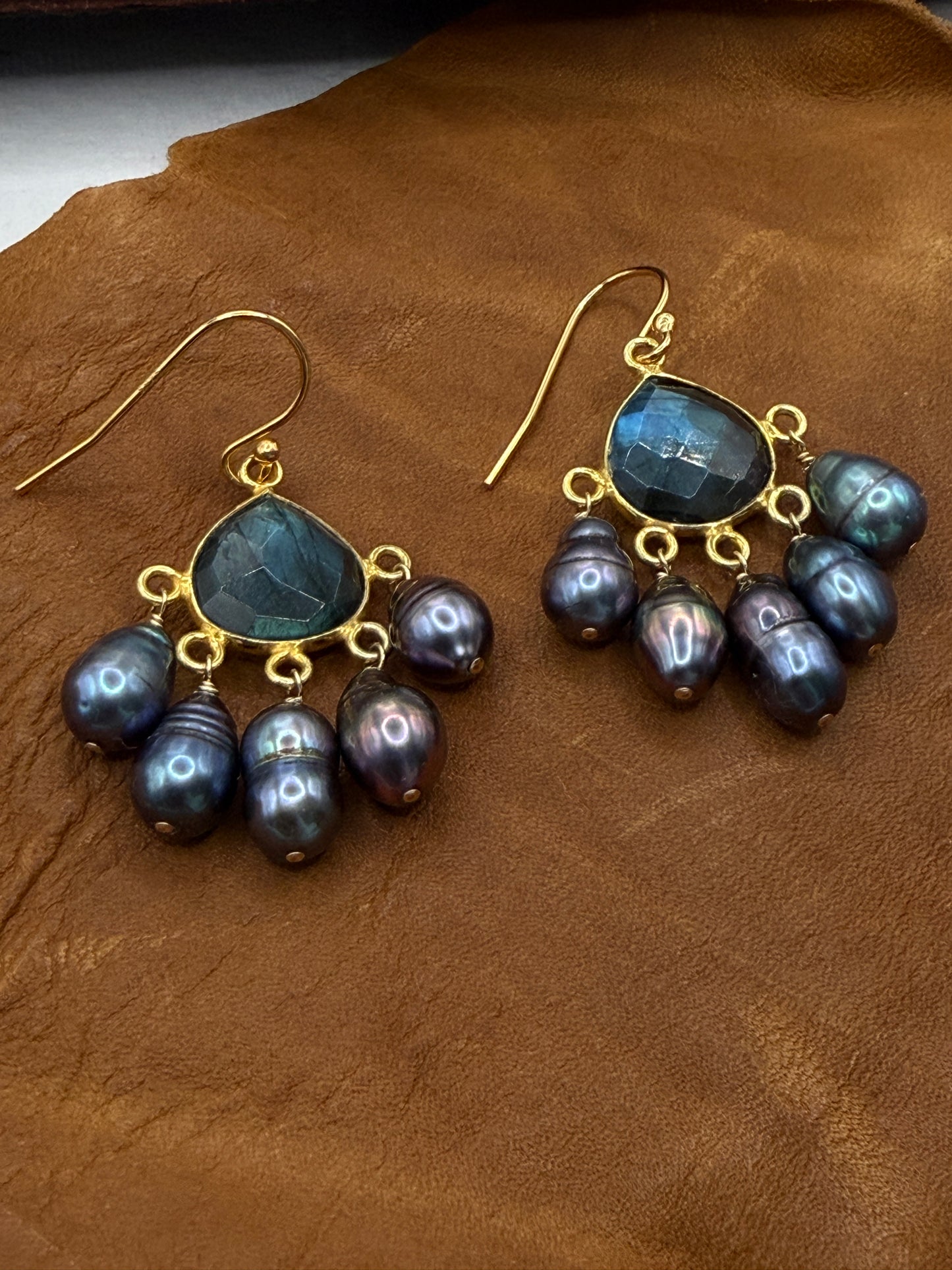 Luminous Allure: Labradorite and Midnight Pearls Chandelier Earrings