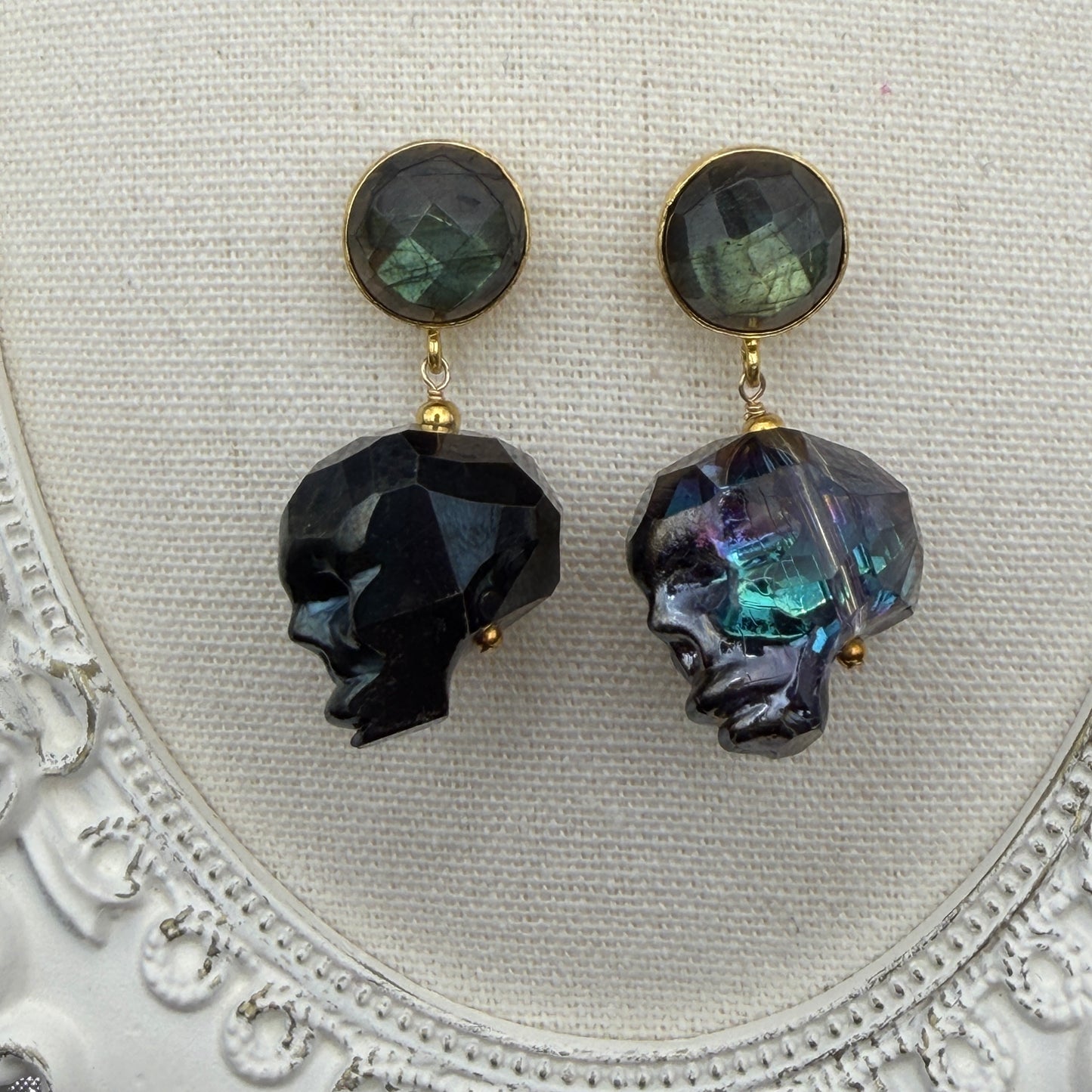 Ornamental Oddities: Crystal Skull and Labradorite Drop Earrings