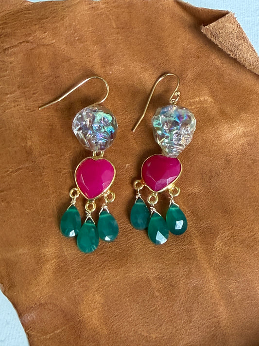 Ornamental Oddities: Crystal Skull and Gemstone Drop Chandelier Earrings (pink chalcedony heart and green onyx)