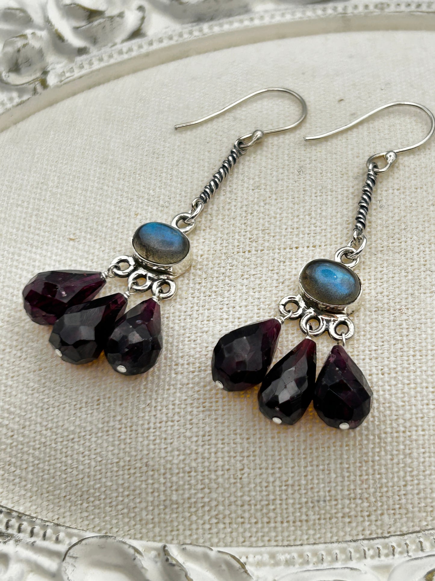 Luminous Allure: Silvery and Light Lab and Garnet Chandelier Earrings