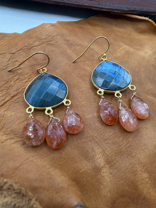 Luminous Allure: Sparkling Sunset Labradorite and Sunstone Chandelier Earrings