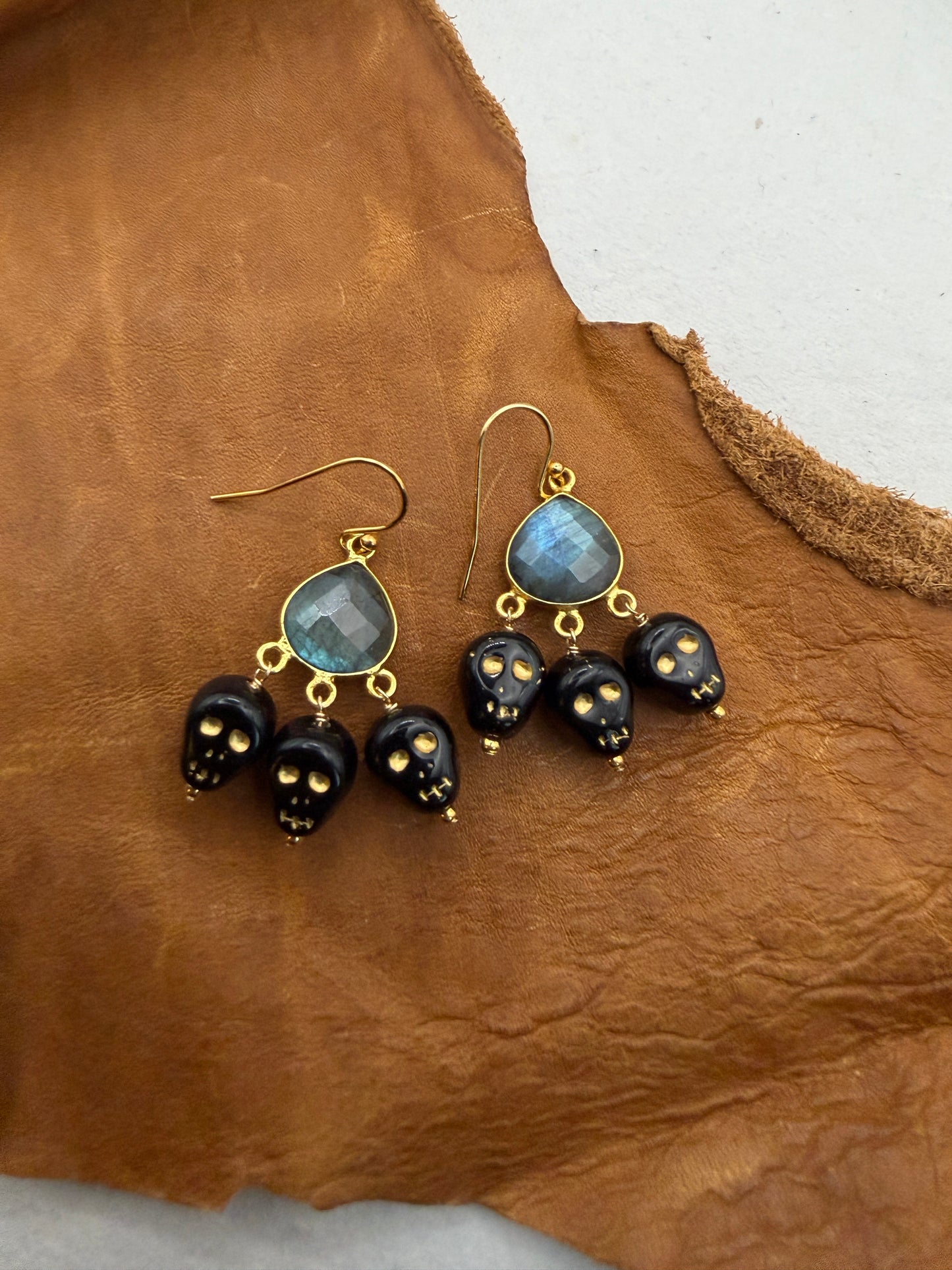 Ornamental Oddities: Labradorite and Laughing Skulls Chandelier Earrings