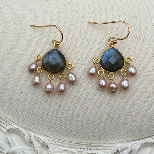 Luminous Allure: Labradorite and Pink Pearl Chandelier Earrings