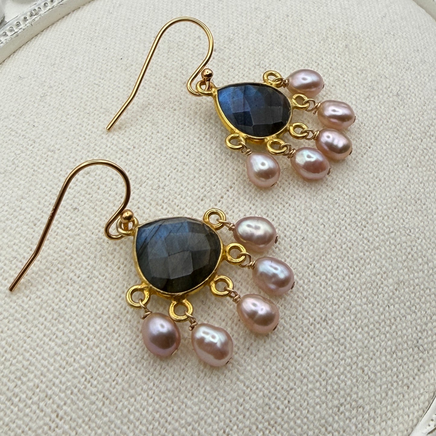 Luminous Allure: Labradorite and Pink Pearl Chandelier Earrings