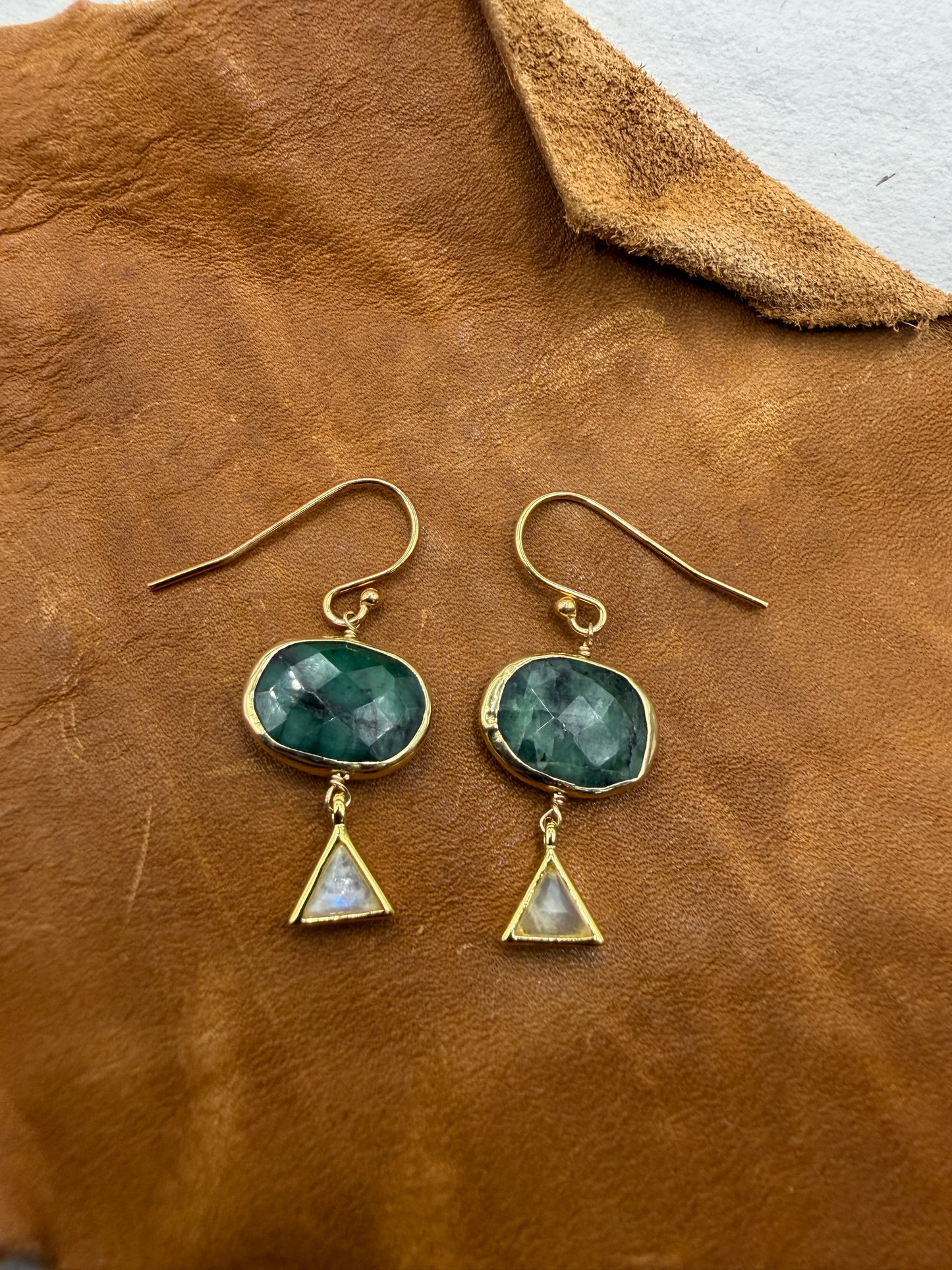 Gems and Geometry: Lunar Duet Emerald and Rainbow Moonstone Drop Earrings