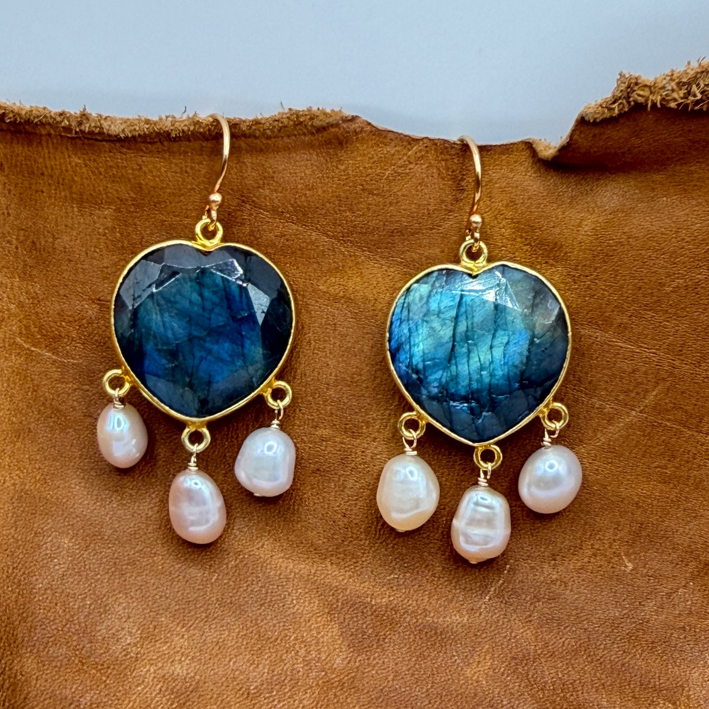 Luminous Allure: Labradorite Heart and Pearl Chandelier Earrings