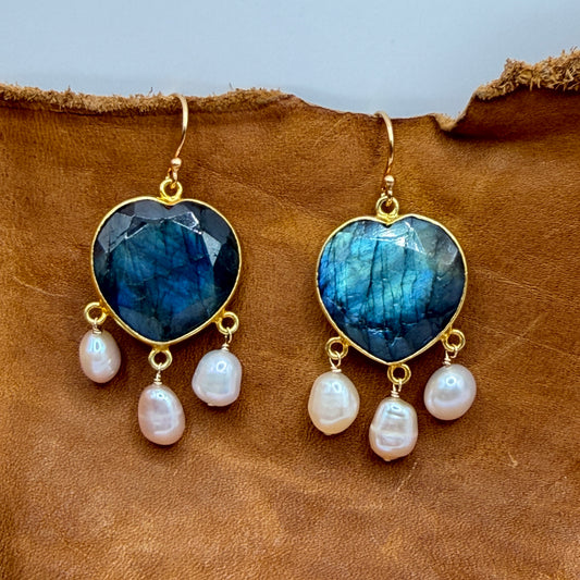 Luminous Allure: Labradorite Heart and Pearl Chandelier Earrings