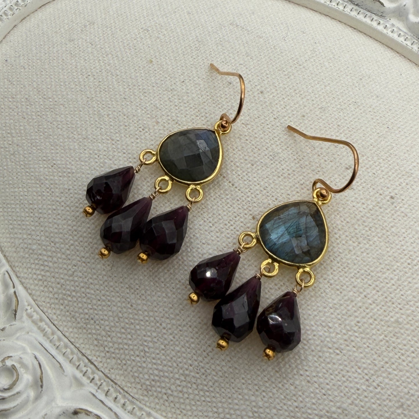 Luminous Allure: Labradorite and Garnet Chandelier Earrings