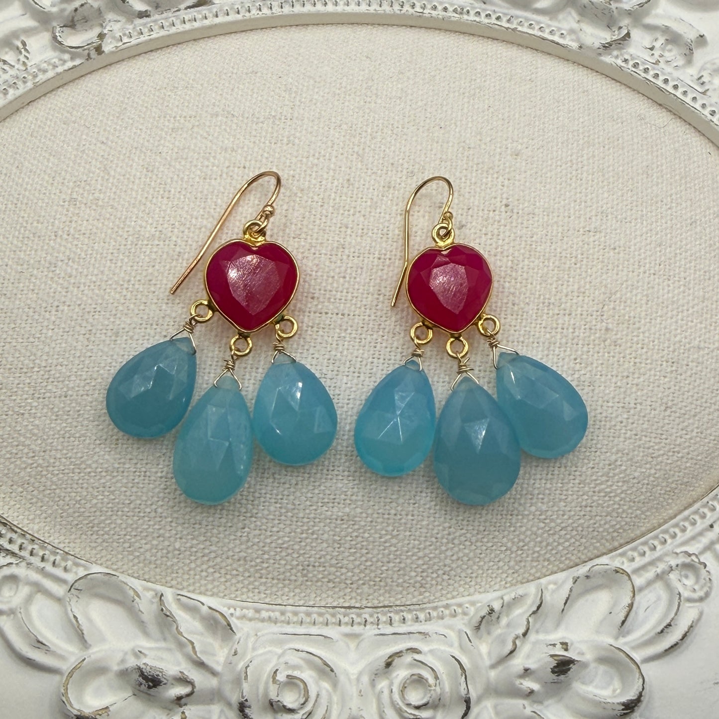 Gems Like Candy: Pink Hearts and Blue Tears Chandelier Earrings