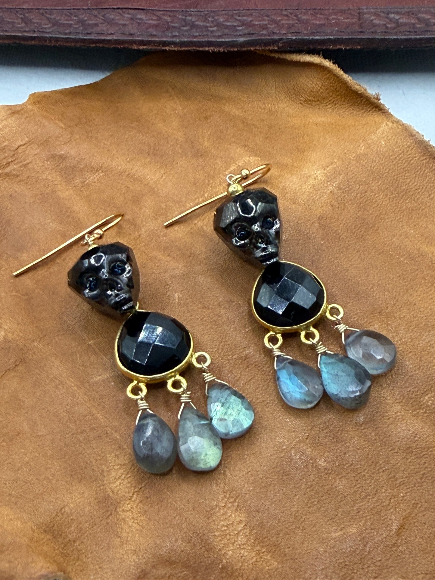 Ornamental Oddities: Crystal Skull and Gemstone Drop Chandelier Earrings (black onyx and labradorite)