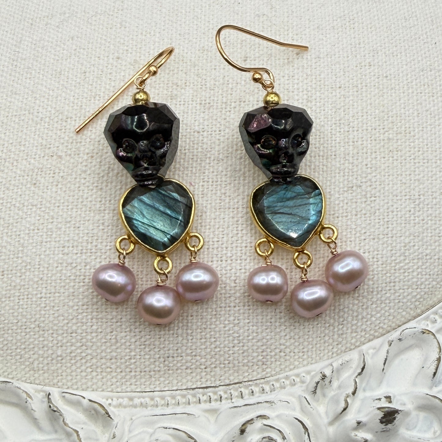 Ornamental Oddities: Crystal Skull and Gemstone Drop Chandelier Earrings (labradorite heart and pink pearl)