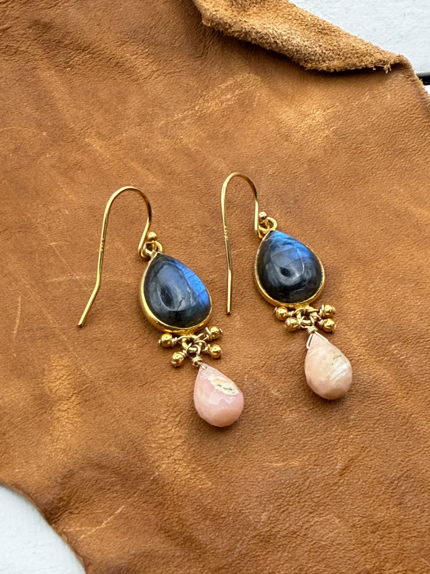 Luminous Allure: Cha-Cha Labradorite and Pink Opal Drop Earrings