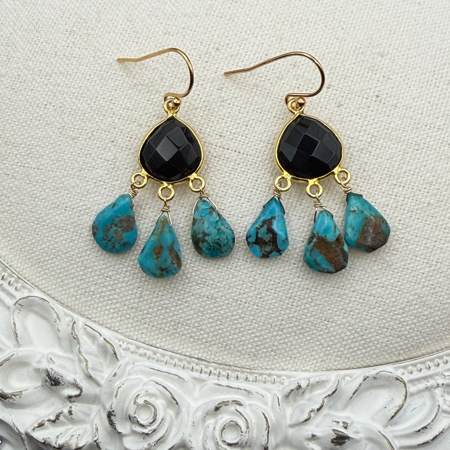 Luminous Allure: Black Onyx and Turquoise Chandelier Earrings