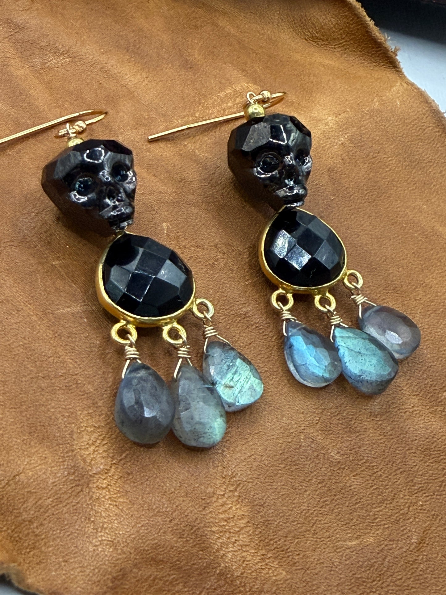 Ornamental Oddities: Crystal Skull and Gemstone Drop Chandelier Earrings (black onyx and labradorite)