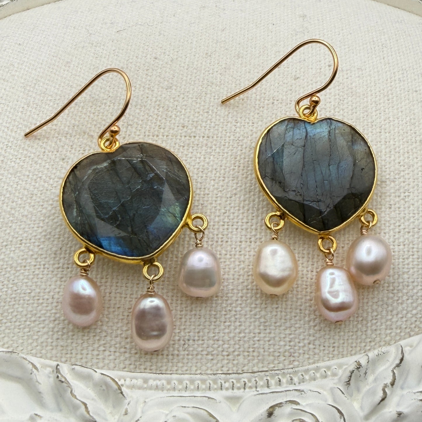 Luminous Allure: Labradorite Heart and Pearl Chandelier Earrings