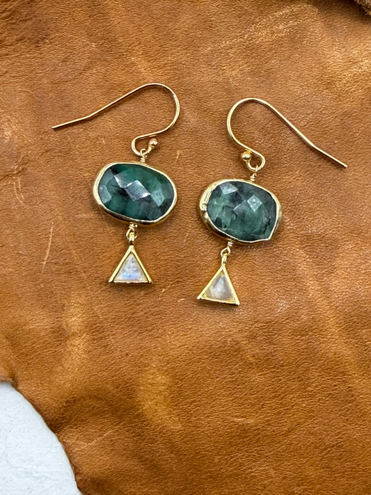 Gems and Geometry: Lunar Duet Emerald and Rainbow Moonstone Drop Earrings