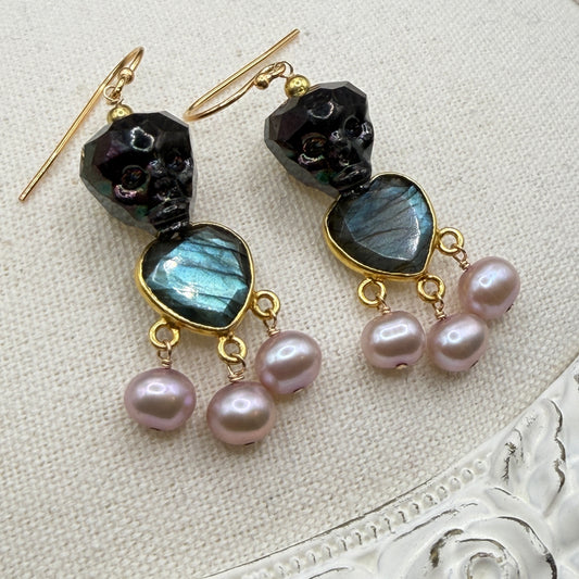 Ornamental Oddities: Crystal Skull and Gemstone Drop Chandelier Earrings (labradorite heart and pink pearl)