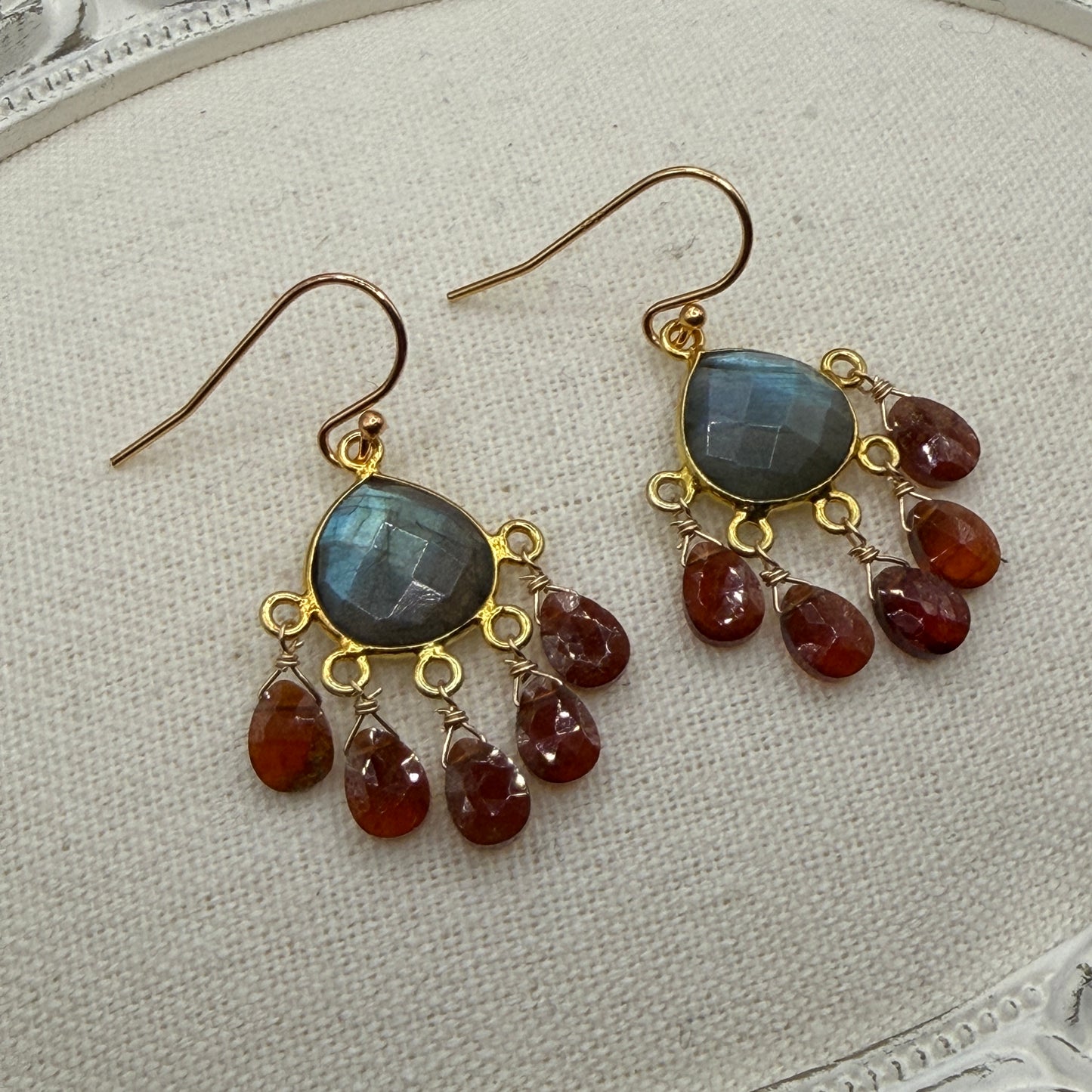 Luminous Allure: Labradorite and Hessonite Garnet Chandelier Earrings