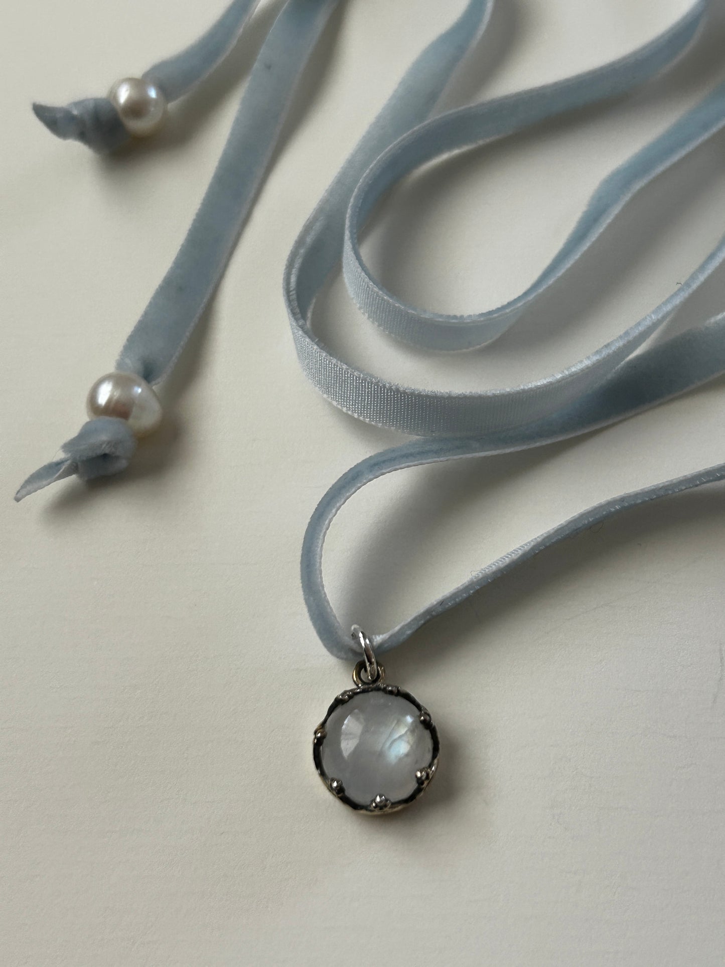 Romantic Baubles: Icy Glow Rainbow Moonstone Velvet Choker