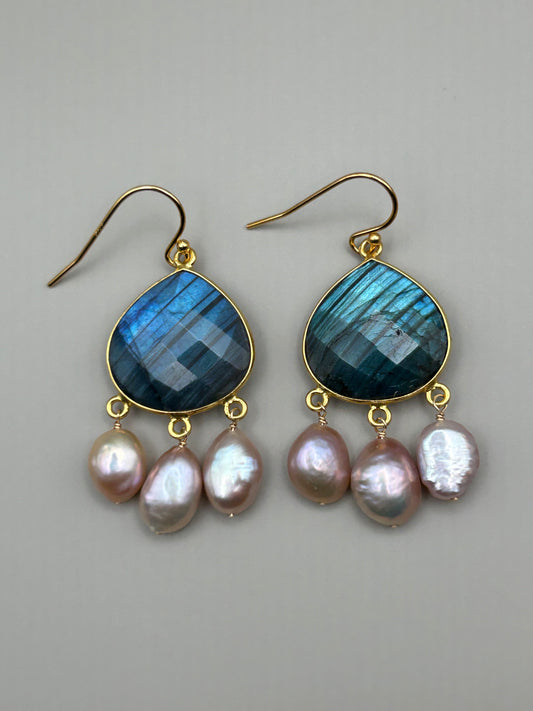 Labradorite and Pink Pearl Chandelier Earrings