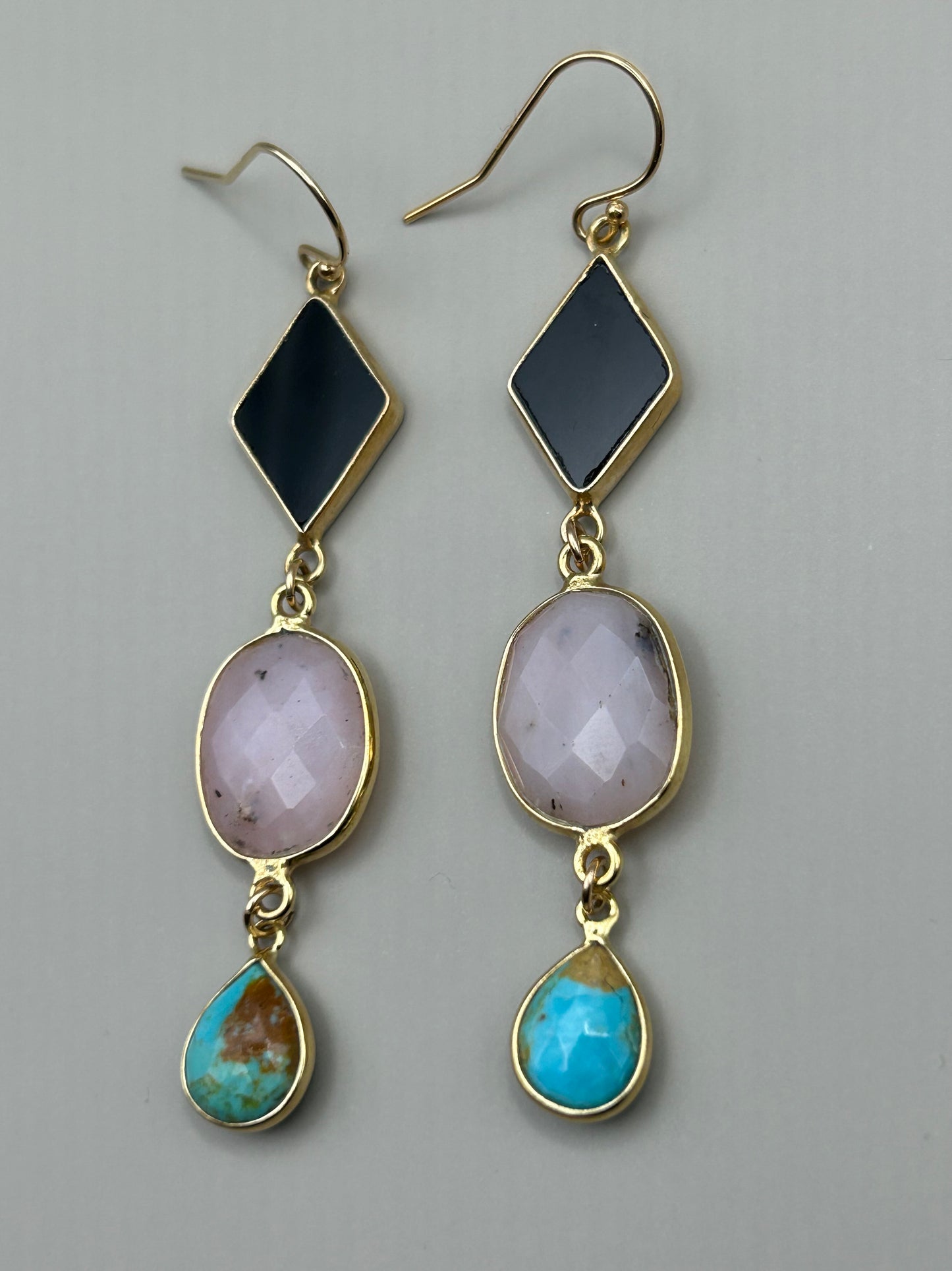 Gems and Geometry: Onyx Opal and Turquoise Stack Earrings