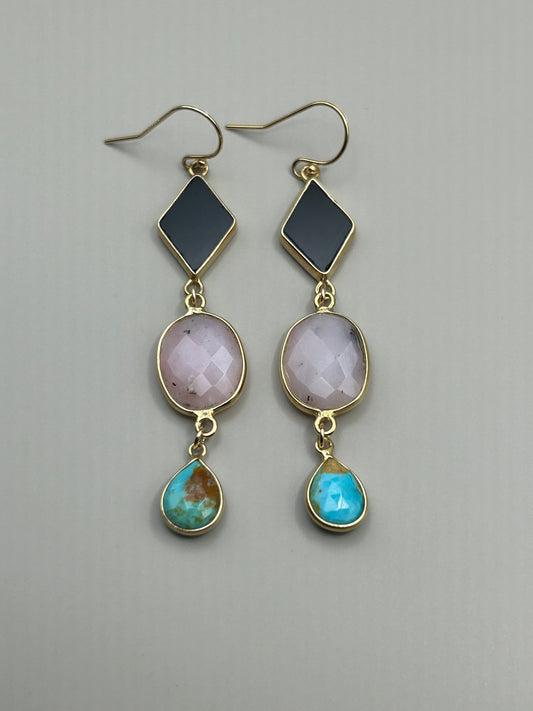 Gems and Geometry: Onyx Opal and Turquoise Stack Earrings