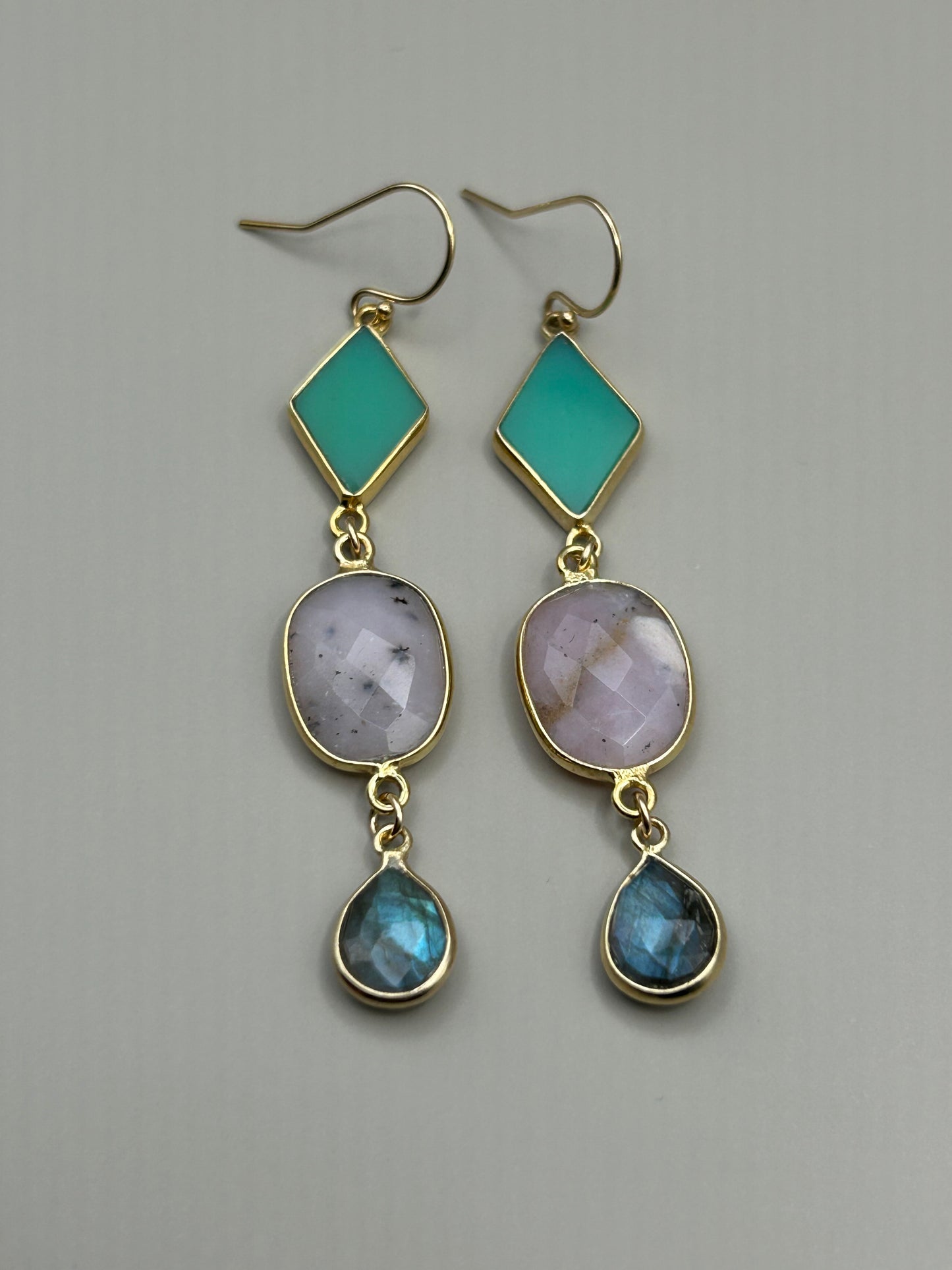 Gems and Geometry: Chalcedony Opal and Lab Stack Earrings