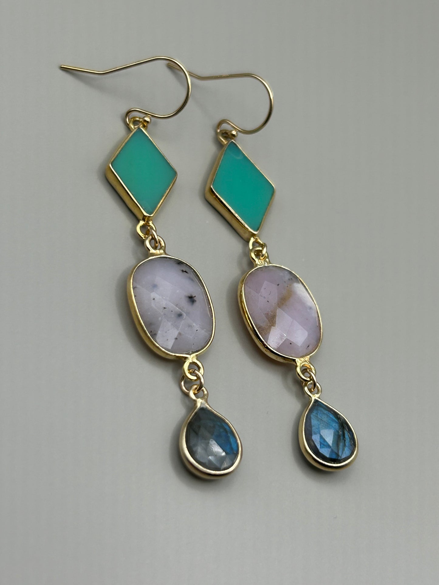 Gems and Geometry: Chalcedony Opal and Lab Stack Earrings