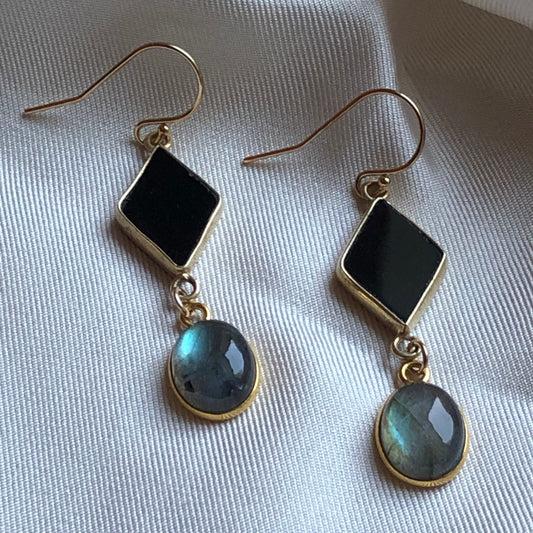 Gems and Geometry: Labradorite and Black Onyx Earrings